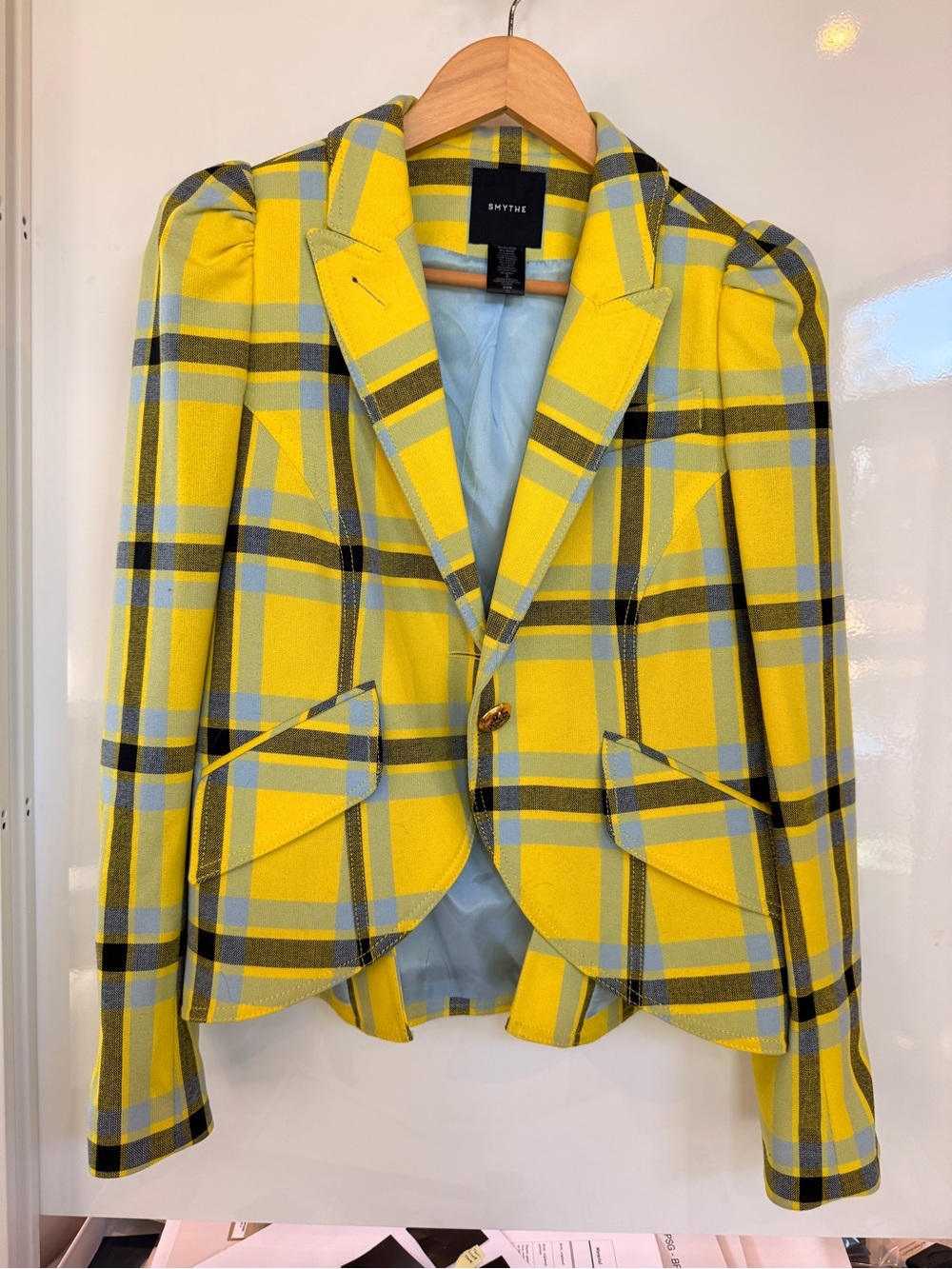 Smythe Yellow Plaid Tailored Blazer with Blue Accents
